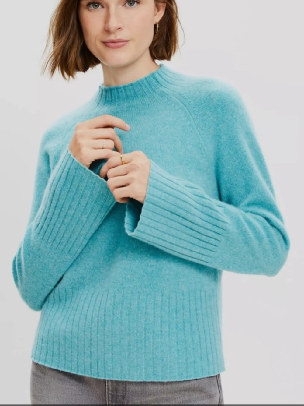 Ann Taylor Teal Blue Rib-Hem Wide Sleeve Mock Neck Sweater medium